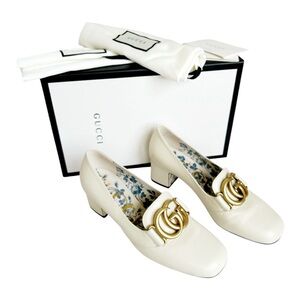 GUCCI Victoire GG Pumps EU 36.5 US 6.5 Vintage White Leather Low Block Heel Logo